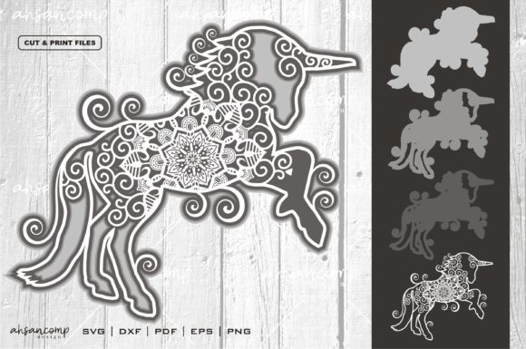 Unicorn Mandala Vector 3D Layered 1 for Shadow Boxes & 3D SVG